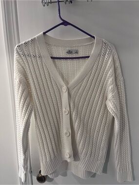 Hollister White Open-Knit Button Cardigan